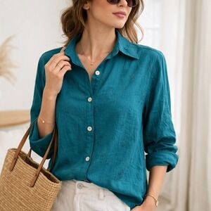 Marsh Landing Womens Leaf Print Embroidered Teal Blouse Small Button Front